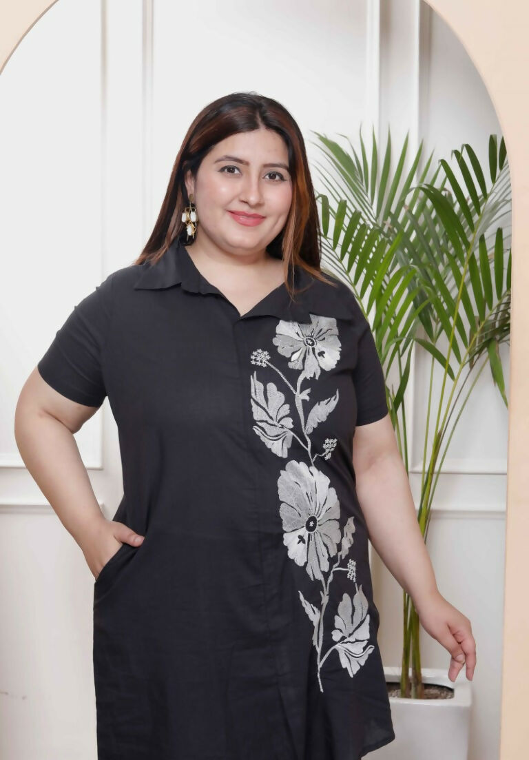 Miravan Women's Plus Size Black Pure Cotton Floral Embroidered High Low Co-Ord Set