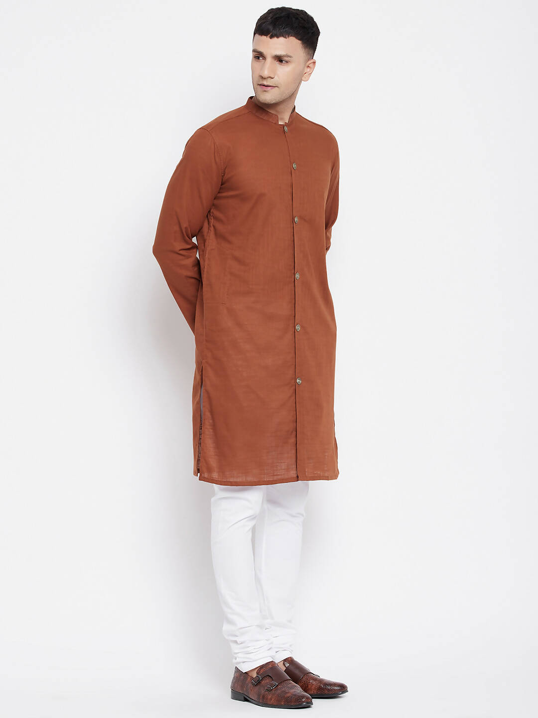 Even Apparels Brown Pure Cotton Men's Sherwani Kurta With Open Front