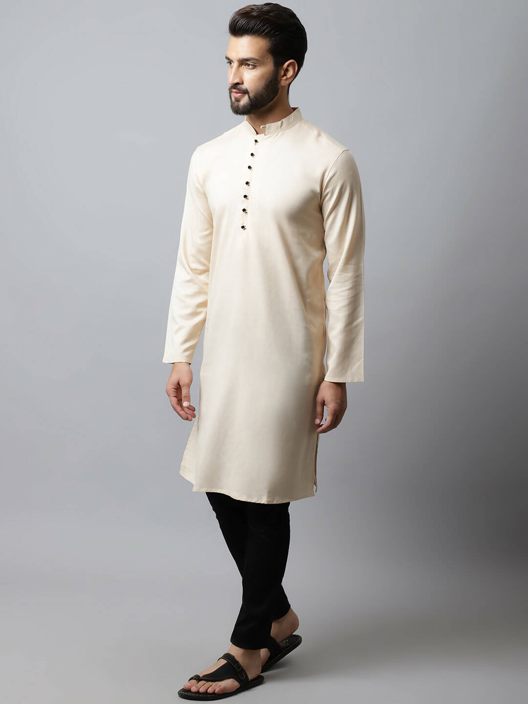 Even Apparels Cream Color Pure Cotton Men's Kurta With Side Placket (SLD1176)