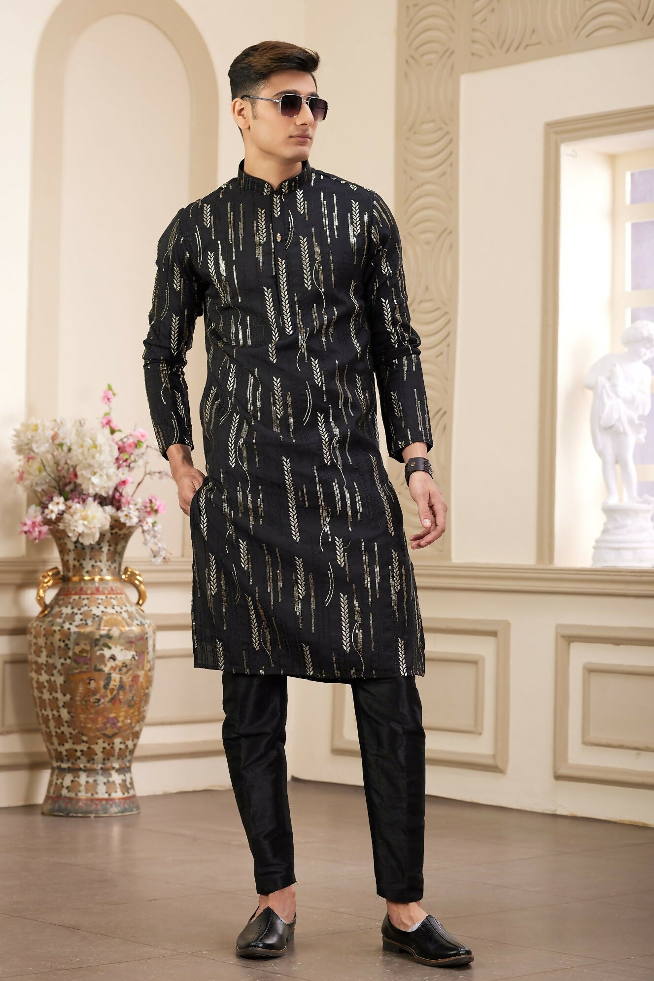 Raivat Ethnic Men's Art Silk Thread Work Kurta Pyjama In Black Colour