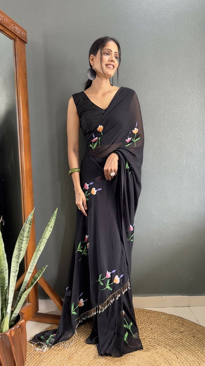 Aayaa Designer 1 min Hand Painted Ready to Wear saree - Black