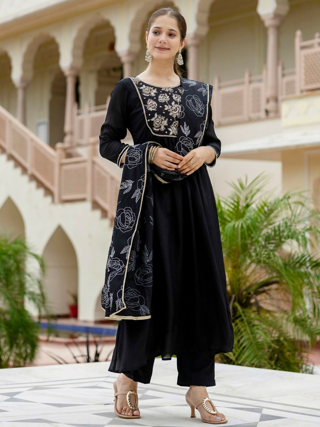 The52 Black Women's Beautiful Embroidered work Chinon Fabric with Flared Kurta, Pant and Dupatta Set