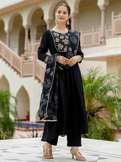 The52 Black Women's Beautiful Embroidered work Chinon Fabric with Flared Kurta, Pant and Dupatta Set