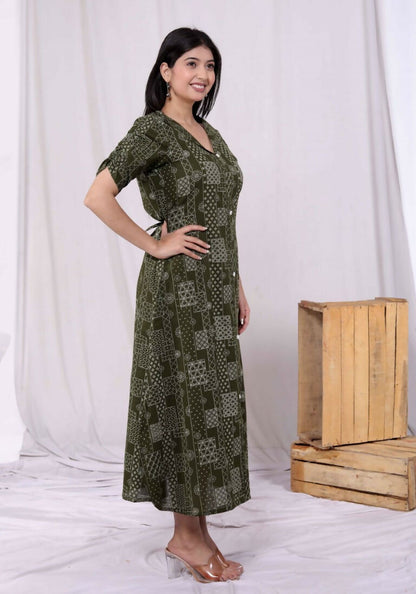 Miravan Women's Pure Cotton Floral Printed Green Button Down A-Line Midi Dress