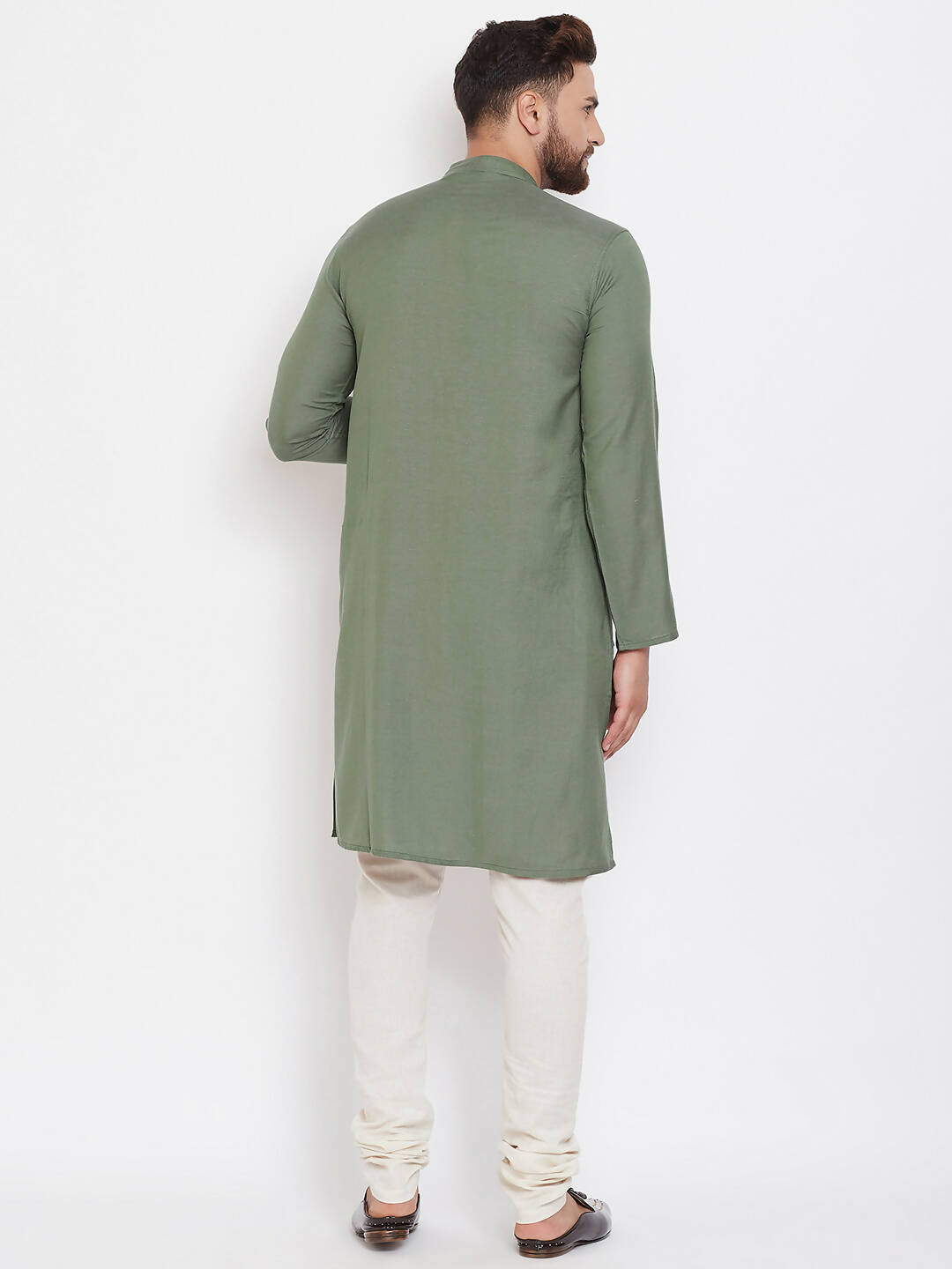 Even Apparels Green Color Linen Linen Men's Kurta With Band Collar