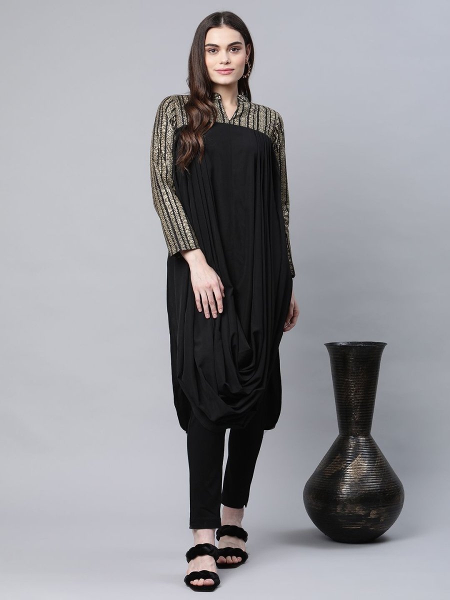 Ahalyaa Womens Black Crepe Rubber Print Cowl Style Kurta