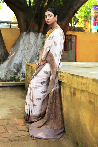 Joban Fashion Ivory Crepe Chiffon Pure Handloom Banarasi Silk Saree