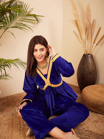 InWeave Women's Royal Blue Mughal Shaan Style Velvet Short Kurta Set