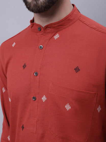 Even Apparels Rust Pure Cotton Kurta With Band Collar
