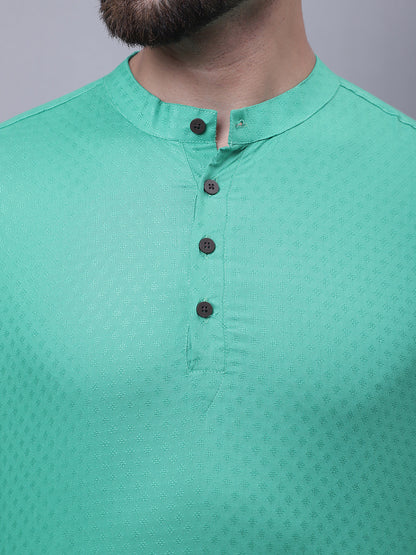 Even Apparels Green Pure Cotton Short Kurta With Band Collar