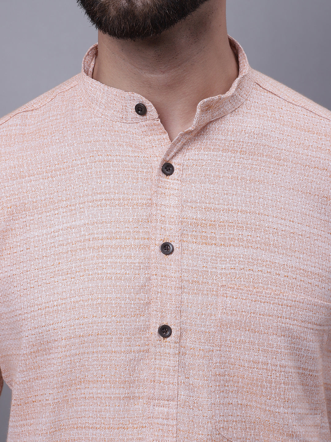 Even Apparels Peach Pure Cotton Short Sleeves Kurta With Band Collar