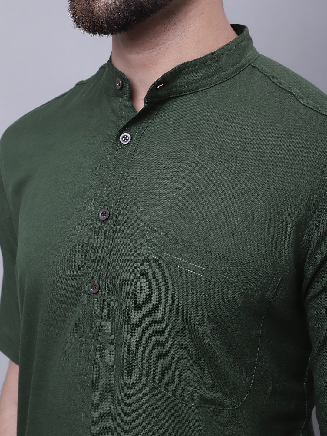 Even Apparels Green Pure Cotton Short Sleeves Kurta With Band Collar