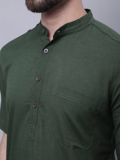 Even Apparels Green Pure Cotton Short Sleeves Kurta With Band Collar
