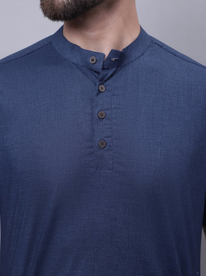 Even Apparels Blue Pure Cotton Short Kurta With Band Collar