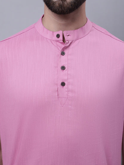 Even Apparels Pink Pure Cotton Short Kurta With Band Collar