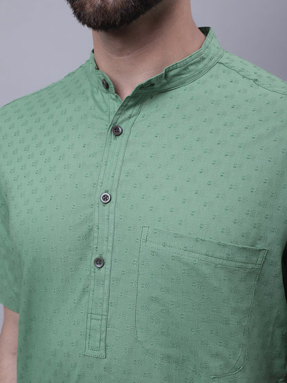 Even Apparels Green Pure Cotton Short Sleeves Kurta With Band Collar