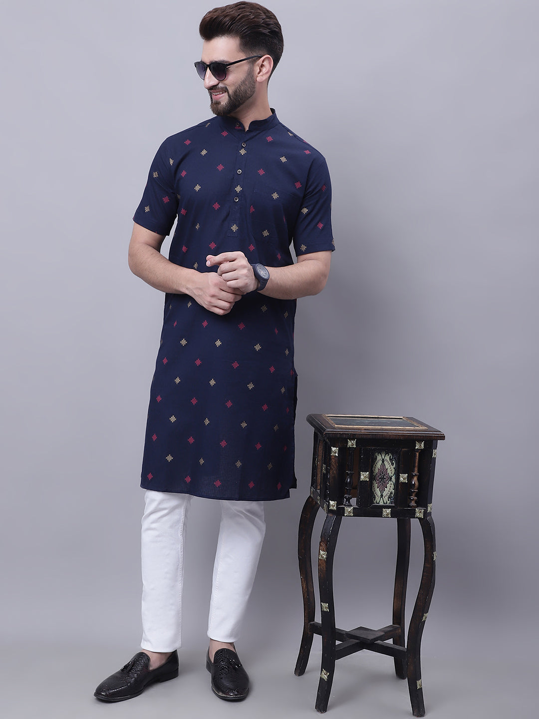 Even Apparels Blue Pure Cotton Short Sleeves Kurta With Band Collar