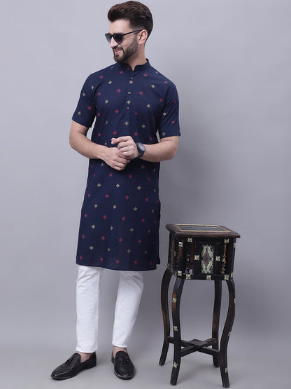 Even Apparels Blue Pure Cotton Short Sleeves Kurta With Band Collar