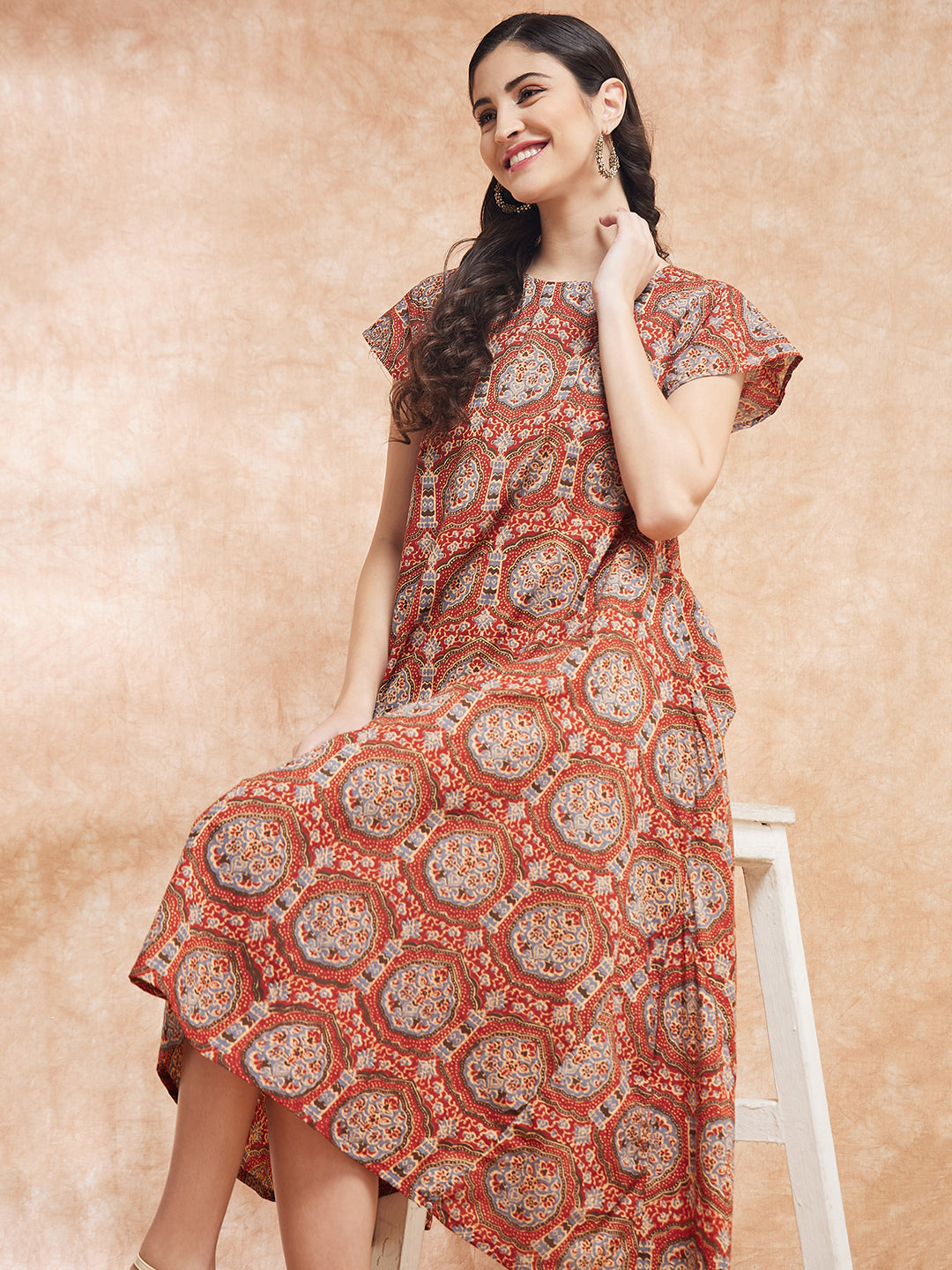 InWeave Women's Maroon Mughal Kalamkari A Line Dress