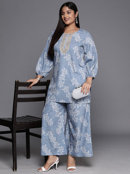 Ahalyaa Plus Size Floral Print Zari Ethnic Tunic with Palazzos