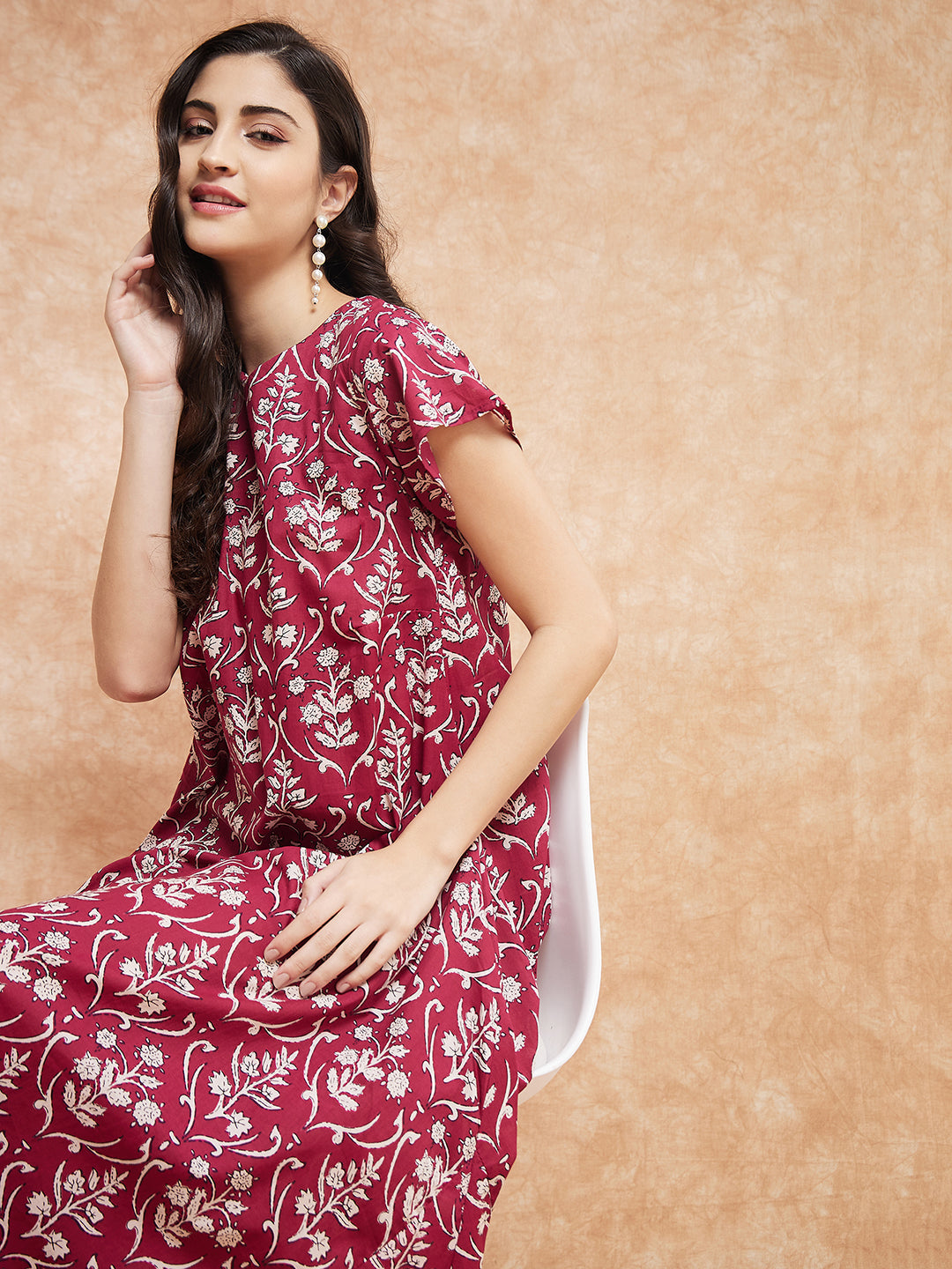 InWeave Women's Wine Cream Floral Print A Line Dress