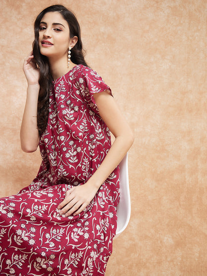 InWeave Women's Wine Cream Floral Print A Line Dress