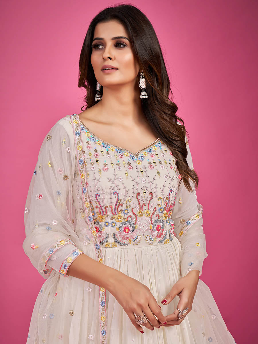 Myra White Pure Georgette Embroidered Gown