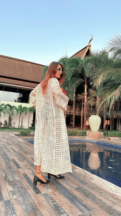 Noroke Sustainable fabric | Handloom checks Classic Gold Checks Cover Up Kaftan - Off White Gold
