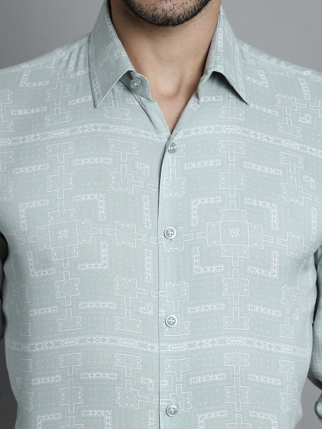 Jainish Men's Geomatric Printed Formal Shirts - Pista