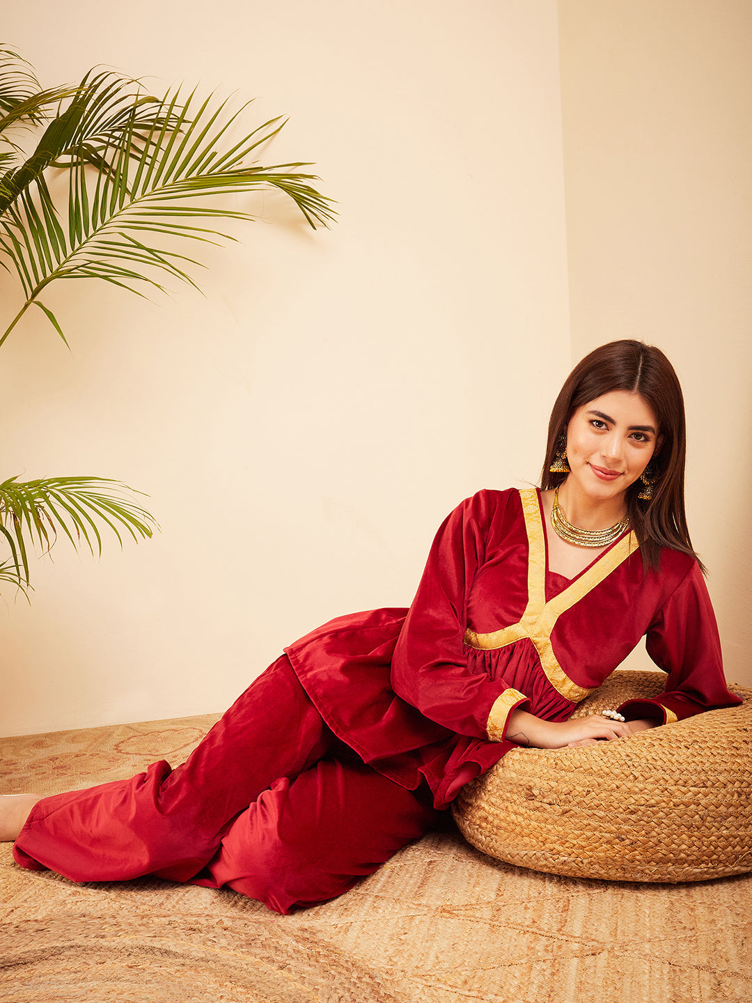 InWeave Women's Barn Red Mughal Shaan Style Velvet Short Kurta Set