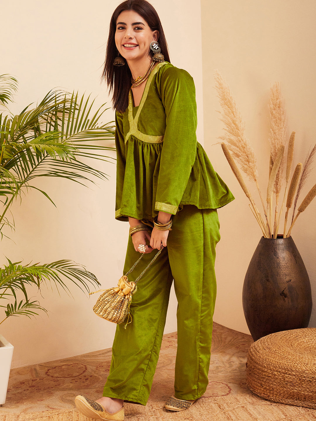 InWeave Women's Olive Mughal Shaan Style Velvet Short Kurta Set