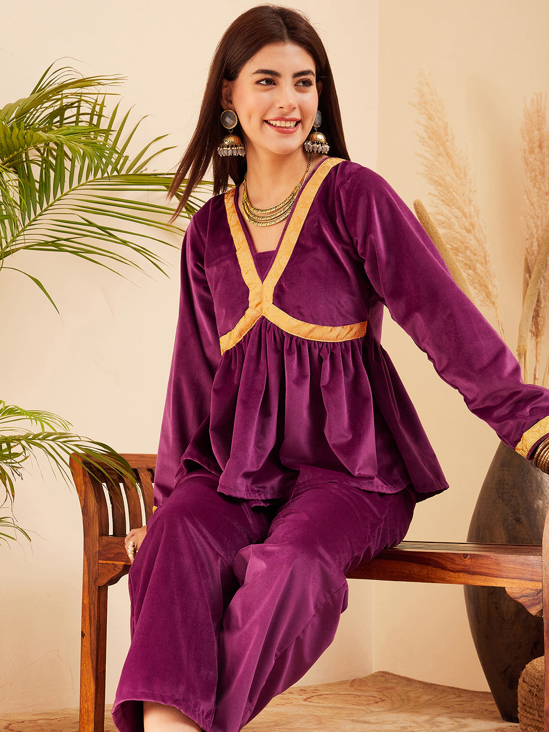 InWeave Women's Wine Mughal Shaan Style Velvet Short Kurta Set