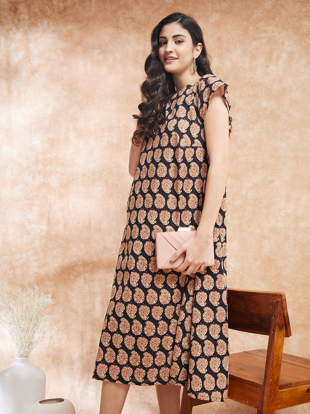 InWeave Women's Black Small Paisley Kalamkari A Line Dress