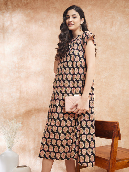 InWeave Women's Black Small Paisley Kalamkari A Line Dress