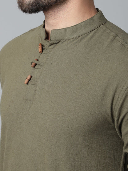 Indian Clothing Even Apparels Green Pure Cotton Kurta With Band Collar