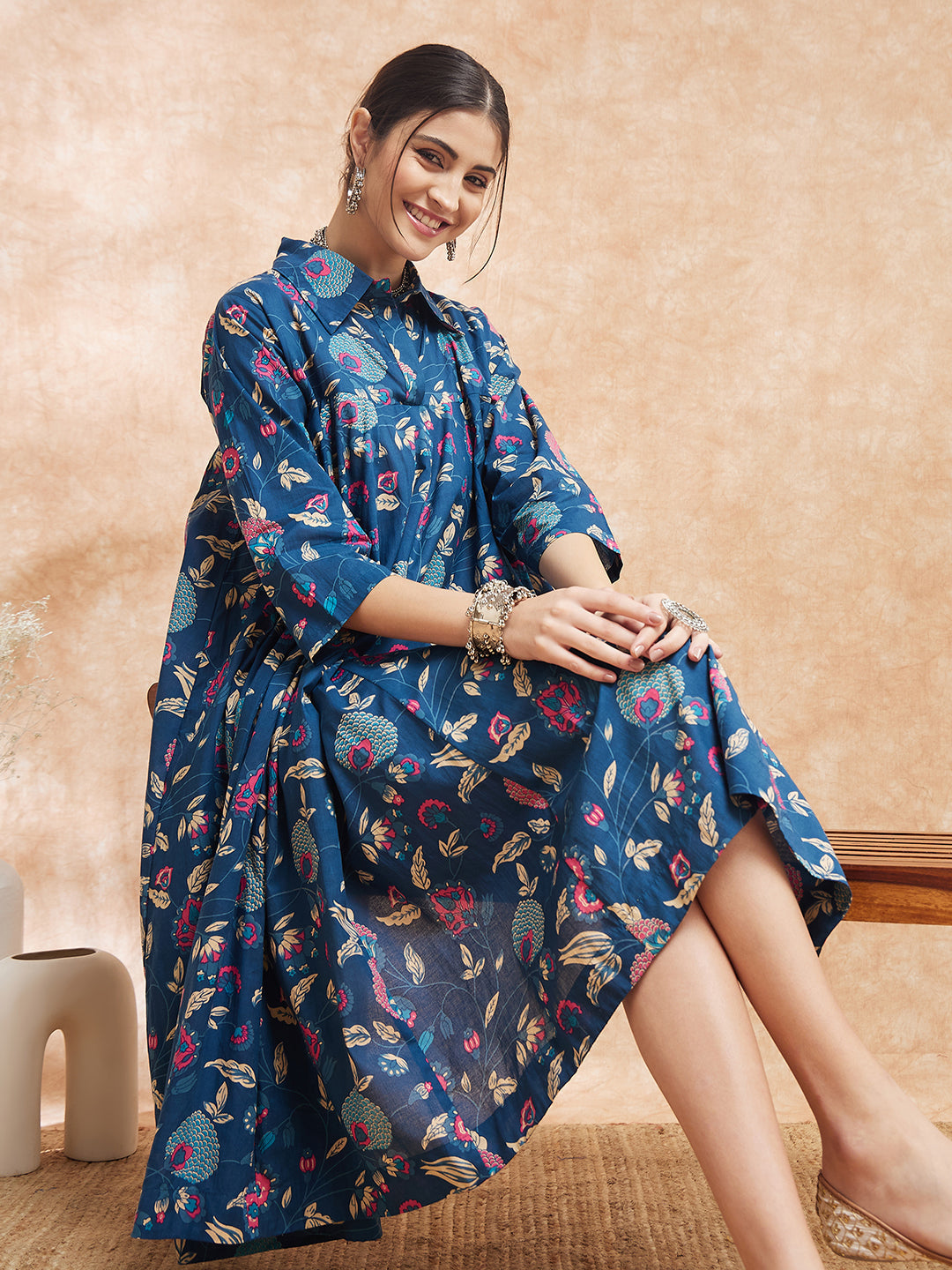 InWeave Women's Blue Pink Kalamkari Flared Dress