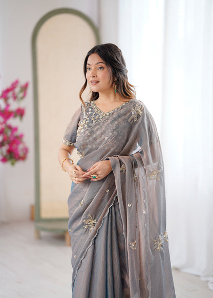 Evanik Grey Mos Silk With Handwork Butterfly Design Saree With Unstitched Blouse