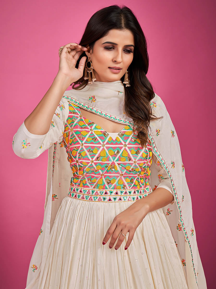 Myra White Chinon Silk Embroidered Gown