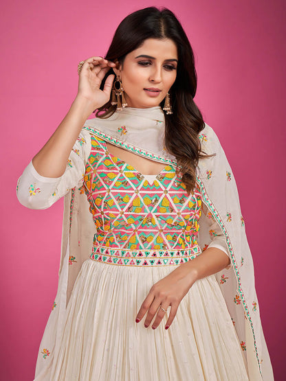 Myra White Chinon Silk Embroidered Gown