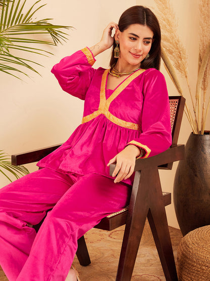InWeave Women's Magenta Mughal Shaan Style Velvet Short Kurta Set