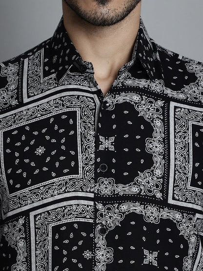 Jainish Men's Paisley Printed Formal Shirts - Black