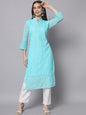 HERE&NOW Women Blue Ethnic Motifs Embroidered Thread Work Georgette Kurta