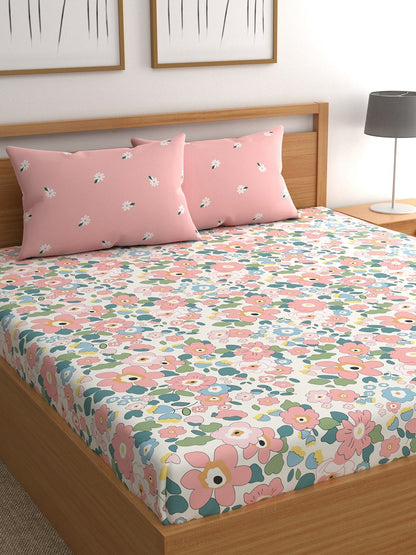 CHHAVI INDIA White & Pink Floral Ultra Soft 210 TC King Bedsheet with 2 Pillow Covers