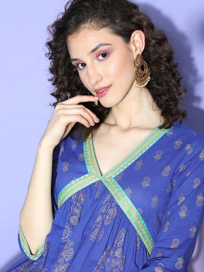 Ahalyaa Blue Floral Print Midi Empire Ethnic Dress