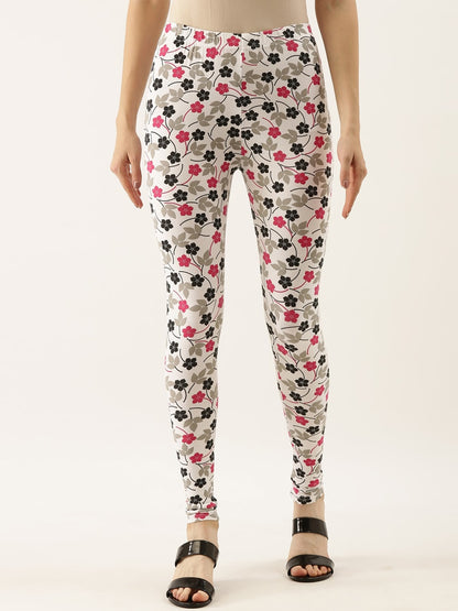 Souchii White & Pink Printed Slim-Fit Ankle-Length Leggings