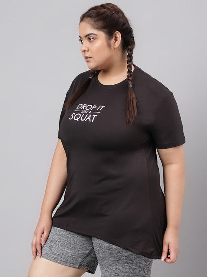 MKH Plus Size Typography Printed Drop-Shoulder Sleeves Relaxed Fit Dri-FIT T-shirt