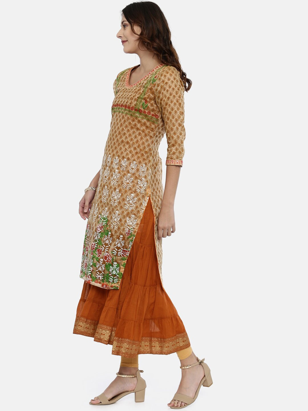 Souchii Beige & White Printed Straight Kurta