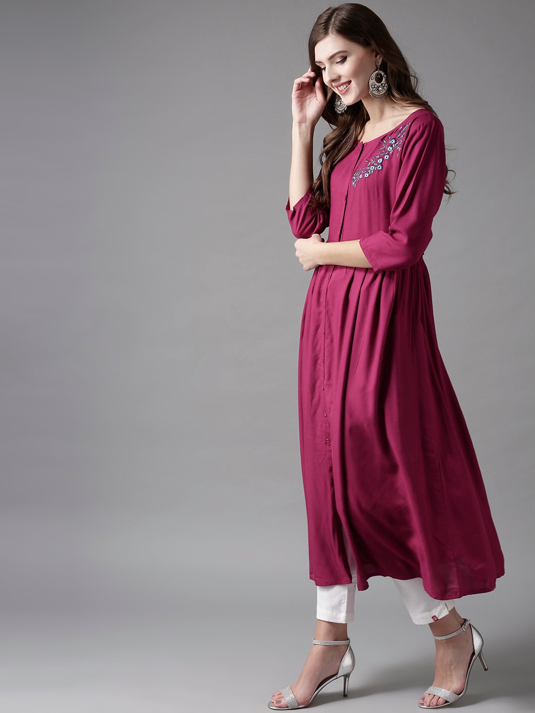 HERE&NOW Embroidered Wine Viscose Kurta
