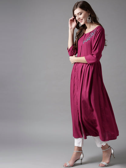 HERE&NOW Embroidered Wine Viscose Kurta
