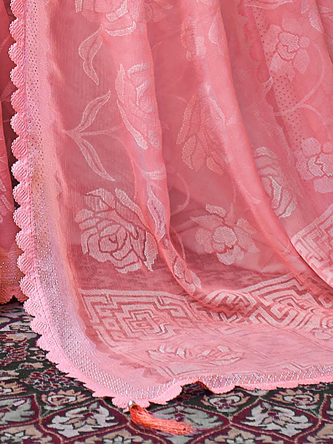 Saree Mall Floral Woven Design Pure Chiffon Beads & Stones Bagru Sarees